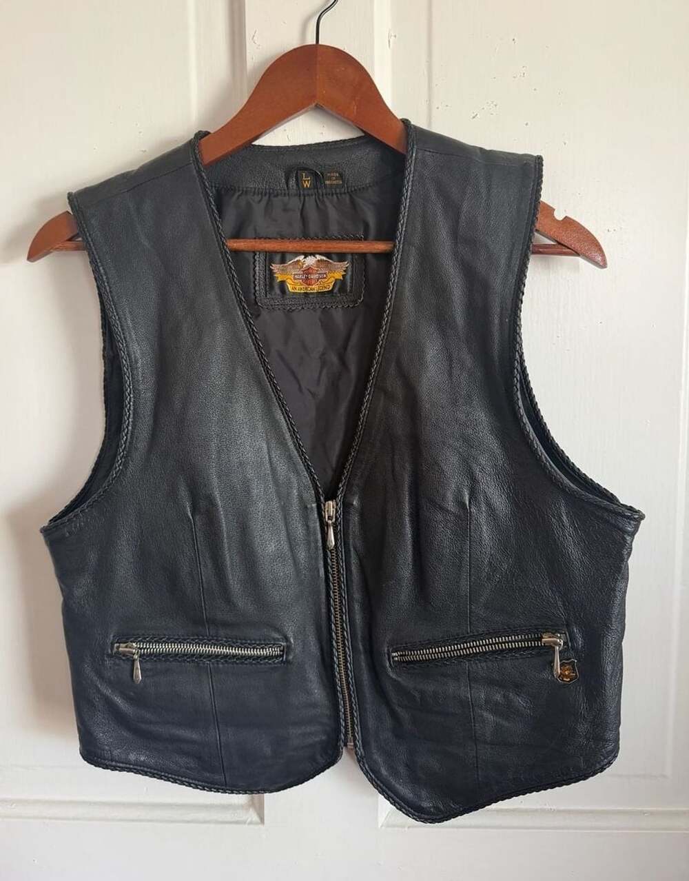 Harley-Davidson Leather Vest Size L W Black Biker Sleeveless Jacket